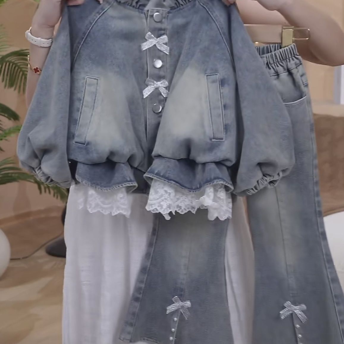 Girls Lace Trim Denim Jacket And Flared Pants Set For Autumn_voghion.com