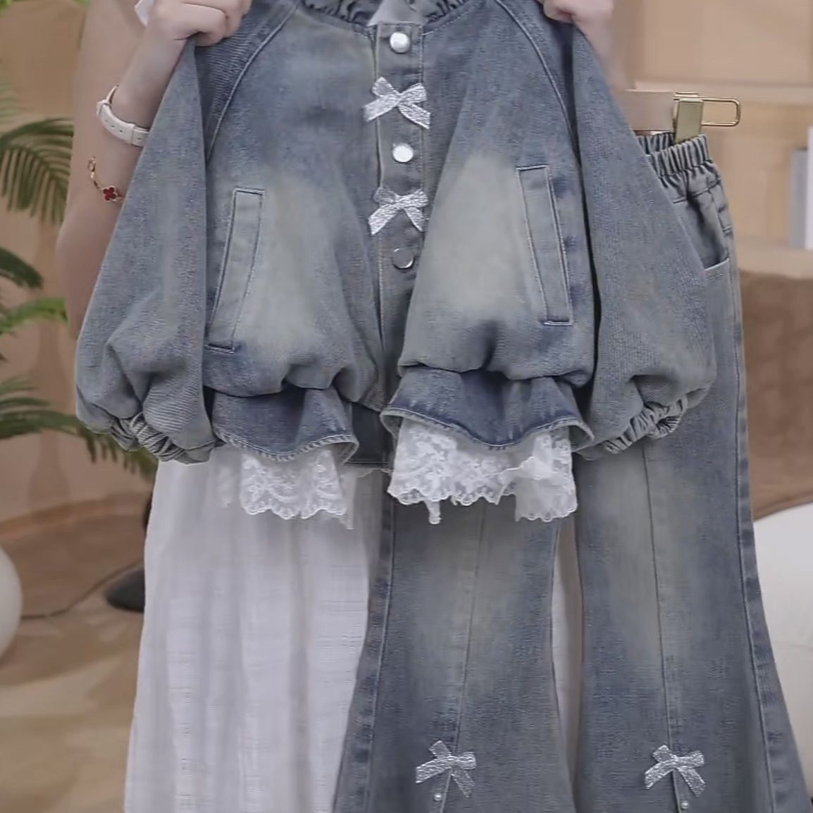 Girls Lace Trim Denim Jacket And Flared Pants Set For Autumn_voghion.com