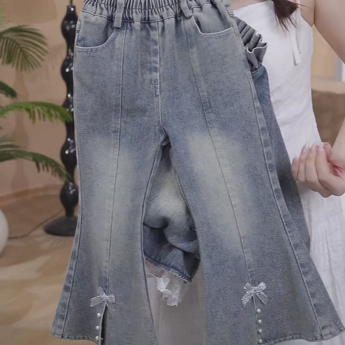 Girls Lace Trim Denim Jacket And Flared Pants Set For Autumn_voghion.com