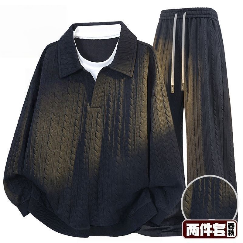 2025提花卫衣套装肌理两件美式秋季宽松大码休闲新款两件套男装
