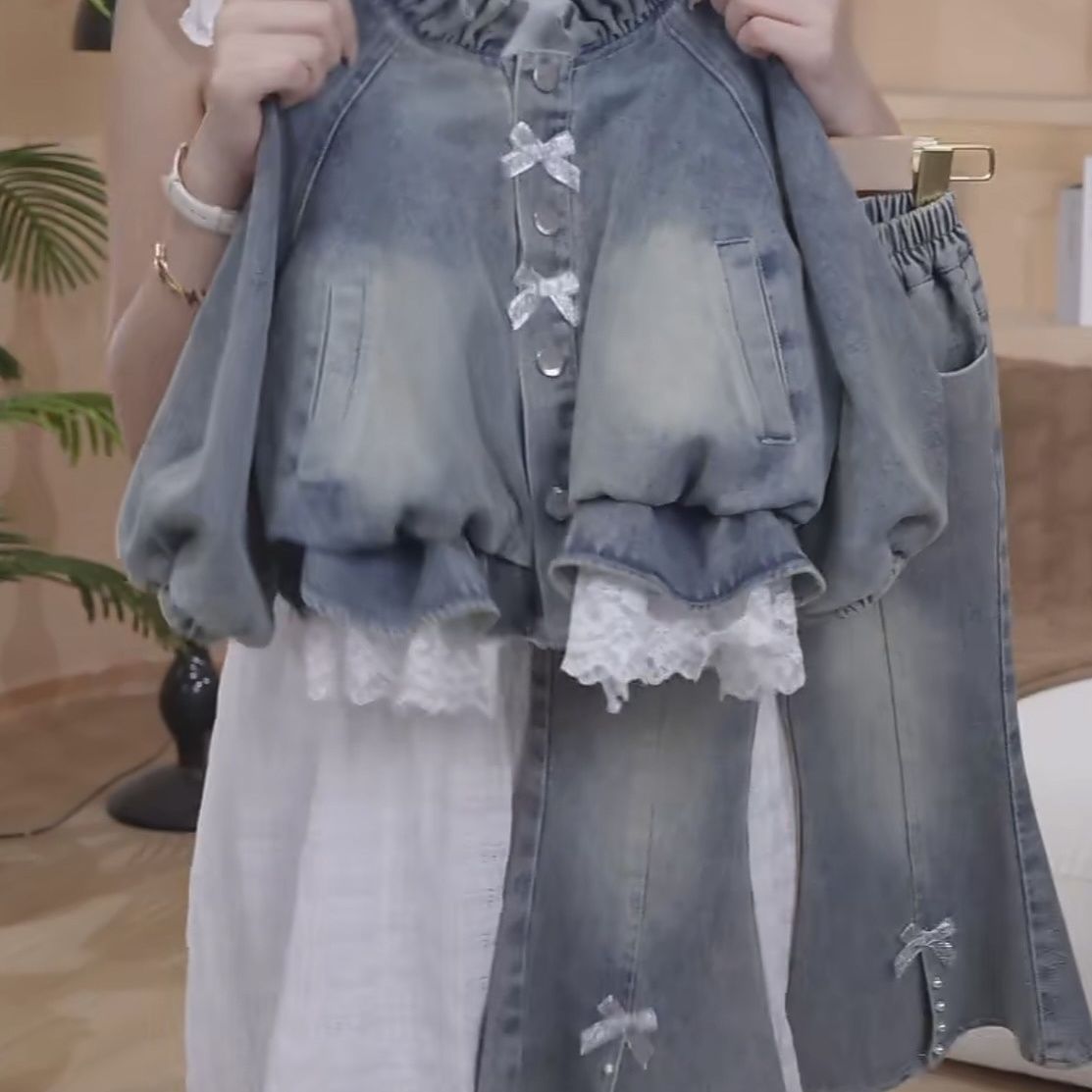 Girls Lace Trim Denim Jacket And Flared Pants Set For Autumn_voghion.com