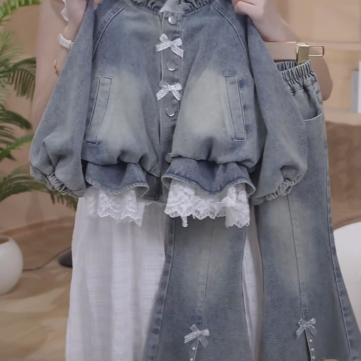 Girls Lace Trim Denim Jacket And Flared Pants Set For Autumn_voghion.com