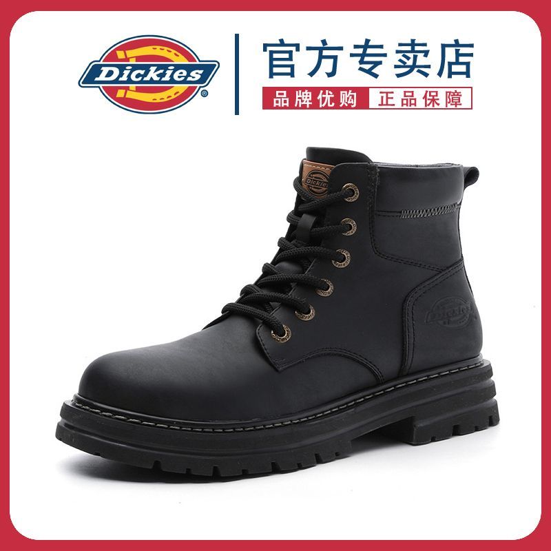 Dickies马丁靴男鞋2025黑色真皮秋冬加绒英伦风中帮工装雪地短靴