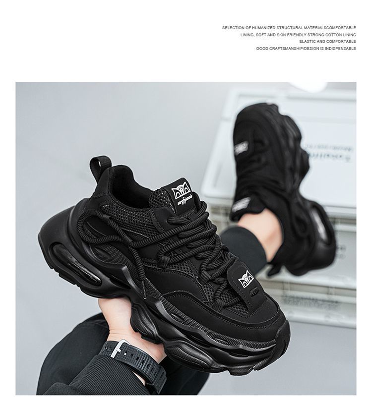 Men' 2025 New Autumn Caual Air Cuhion Shock Aborption Dad Sport Running Thick Sole Black Warrior Trendy_desvips.com
