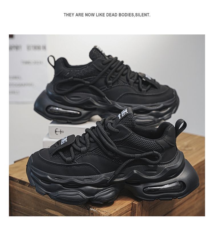 Men' 2025 New Autumn Caual Air Cuhion Shock Aborption Dad Sport Running Thick Sole Black Warrior Trendy_desvips.com