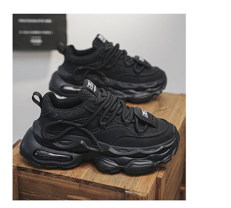 Men' 2025 New Autumn Caual Air Cuhion Shock Aborption Dad Sport Running Thick Sole Black Warrior Trendy_desvips.com