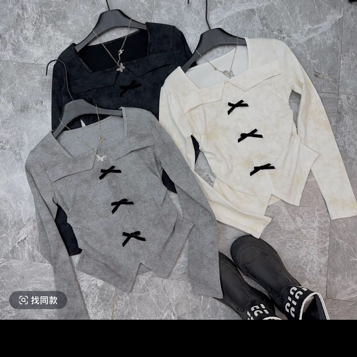 纯棉方领锁骨正肩长袖t恤女2025 冬季新款立体蝴蝶结修身显瘦T恤