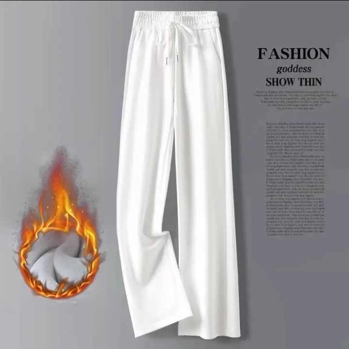 雪纺红色裤子加厚白色直筒保暖休闲秋冬冬季高腰米白显瘦宽松阔腿