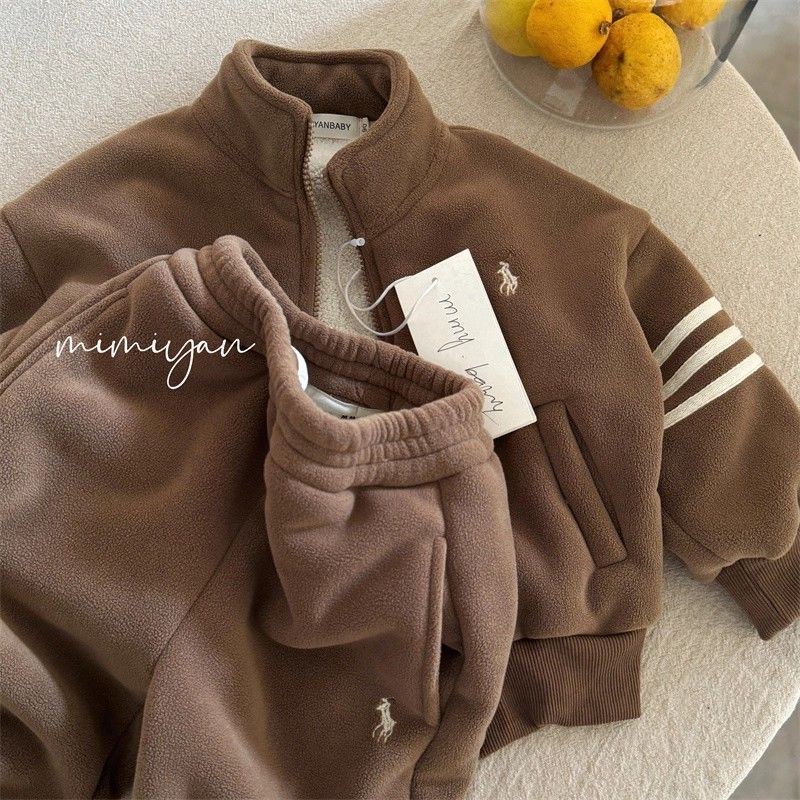 Autumn Winter 2025 New Boys‘ Jacket Baby Children’s Girls‘ Pants Fleece Lined Warm Two-Piece Set