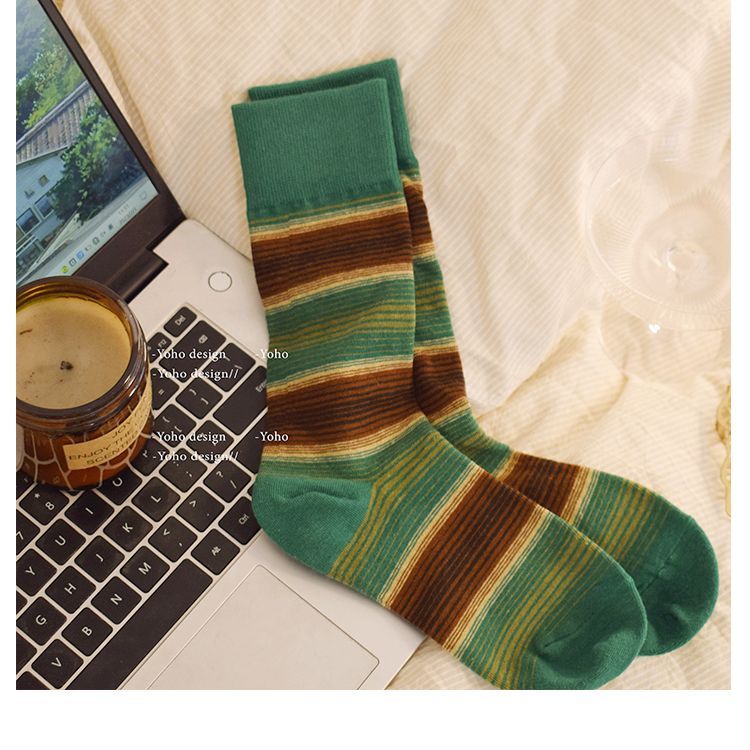 Vintage Brown Color-Block Striped Socks For Women, Mid-Calf Ins Trend Solid Color Spring And Autumn Green Slouch Socks,_voghion.com