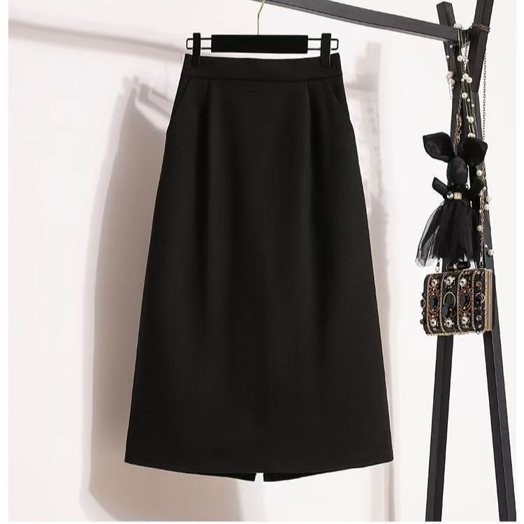 大码女毛呢半身裙秋冬新款胖mm遮肚显瘦松紧高腰直筒款百搭a字裙