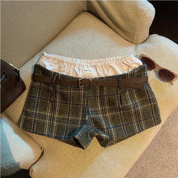 复古新款韩版时髦低腰显瘦撞色拼接假两件休闲裤格子休闲短裤