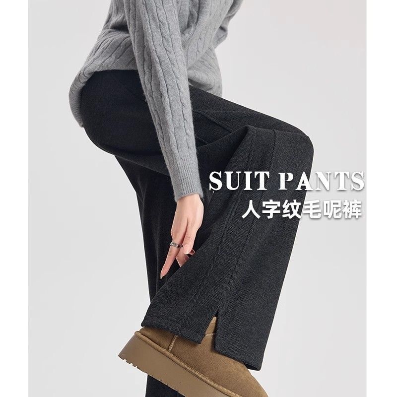 大码人字纹加绒加厚休闲裤女新款高腰秋冬季毛呢开叉直筒休闲裤子