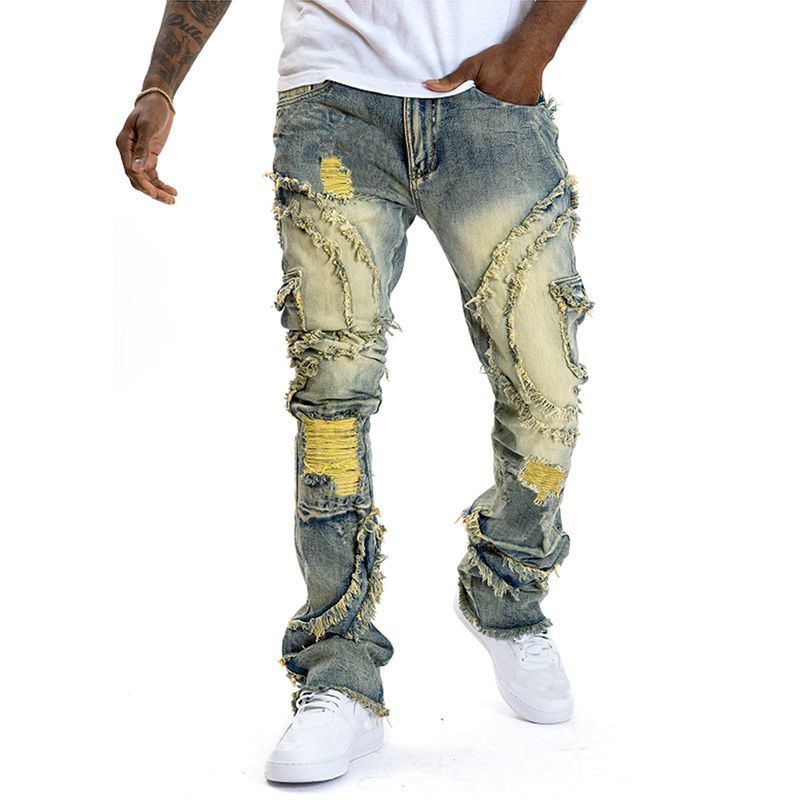 Jean slim rétro à poches patchwork et franges, effet usé, style américain délavé, tendance streetwear._voghion.com