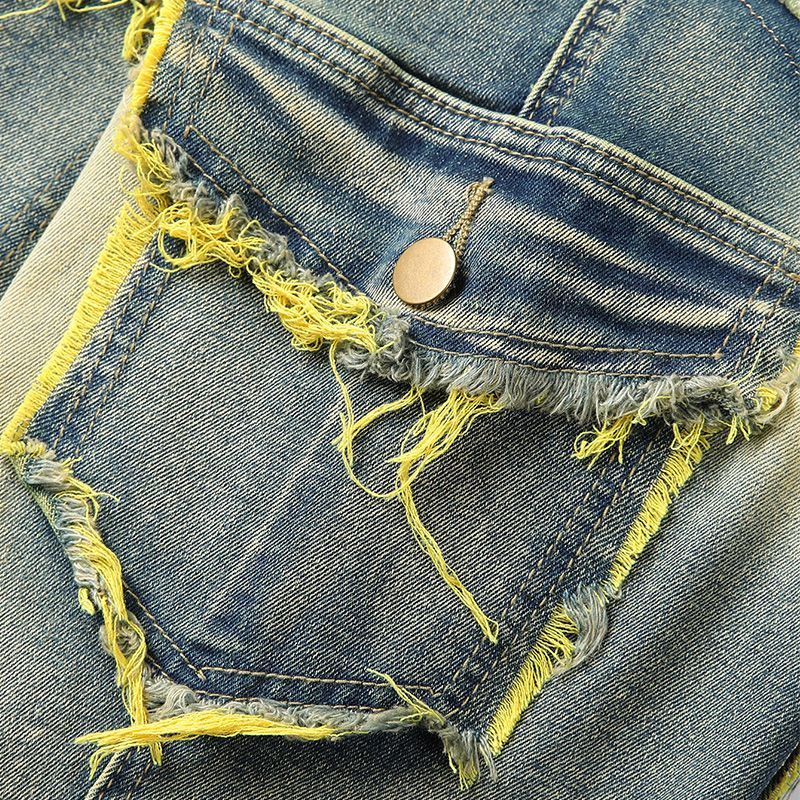 Jean slim rétro à poches patchwork et franges, effet usé, style américain délavé, tendance streetwear._voghion.com