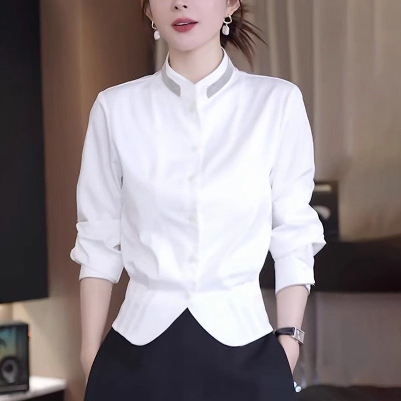法式白色衬衫女2025秋季新款高级感气质减龄休闲立领收腰显瘦上衣