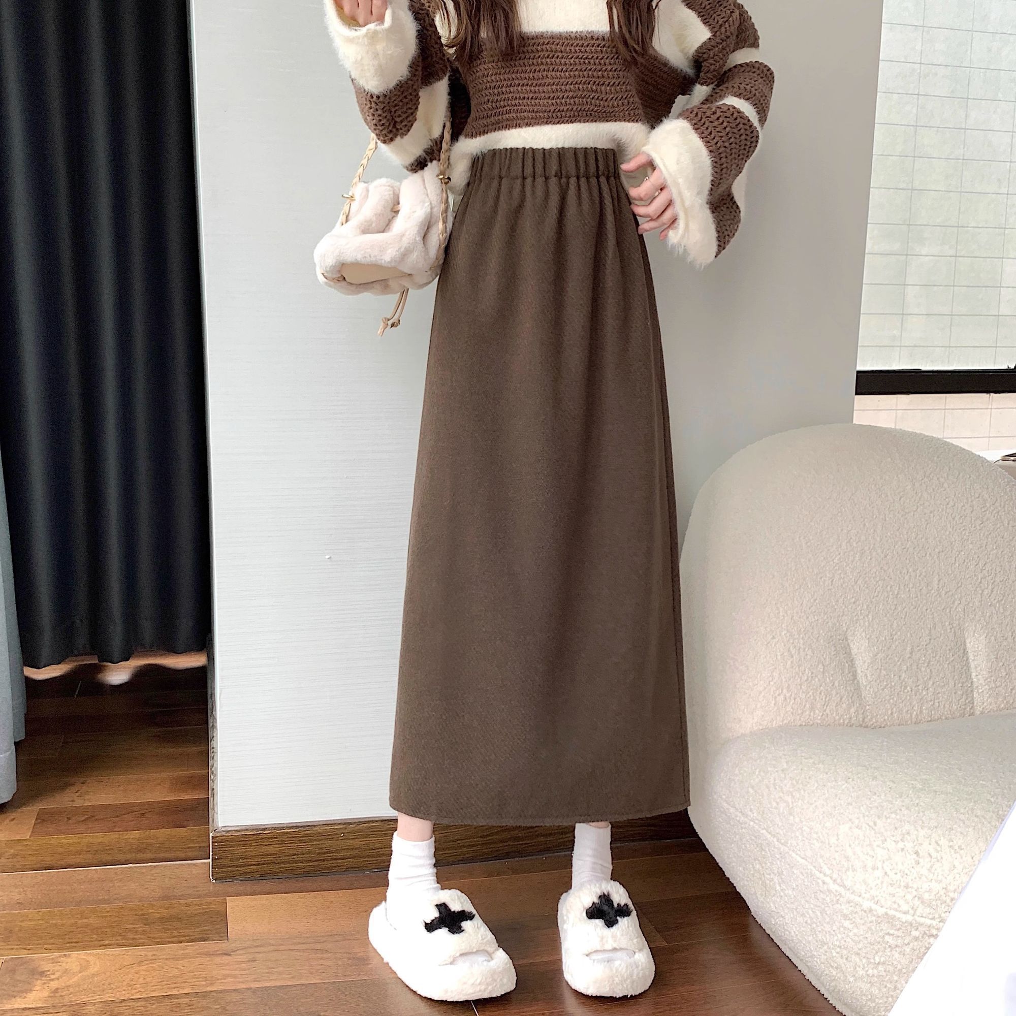 大码胖mm雪尼尔女遮肉半身裙韩版松紧腰高腰秋冬新款休闲长裙女