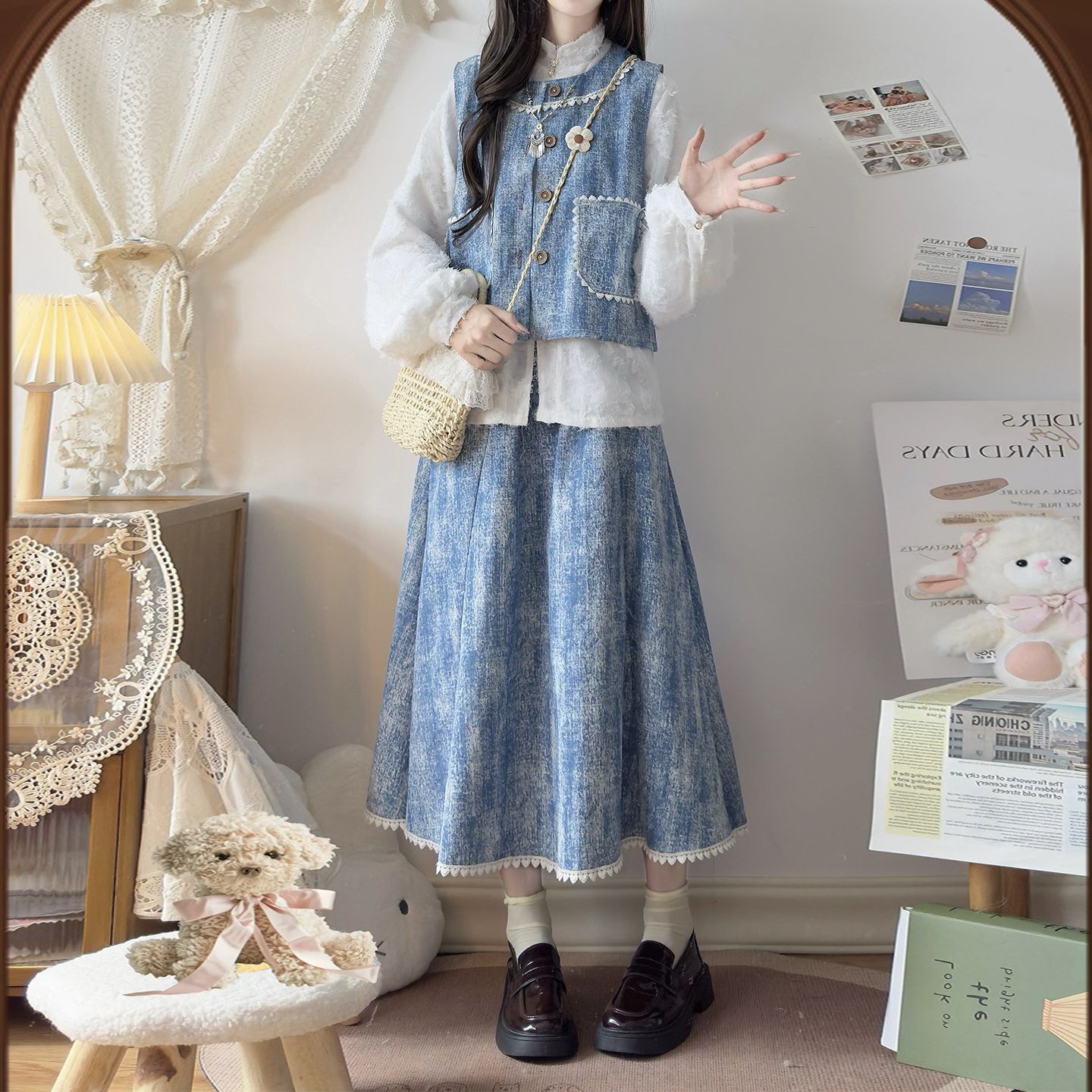 蓝色小清新牛仔提花套装裙女春秋2025新款设计感马甲半身裙三件套