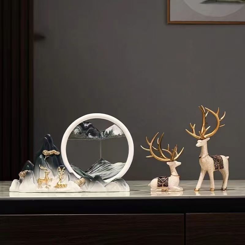 意境山水流沙画创意新中式轻奢鹿摆件电视柜客厅酒柜装饰品情人节