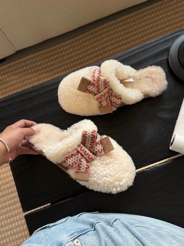 Sangpo Winter-Schaffell-Hausschuhe mit integriertem Teddy-Haarteil, lockigem Kopftuch, dicker, warmer Schleife und flauschigen Hausschuhen für Damen_voghion.com