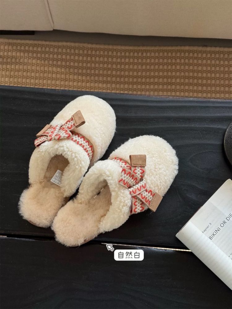 Sangpo Winter-Schaffell-Hausschuhe mit integriertem Teddy-Haarteil, lockigem Kopftuch, dicker, warmer Schleife und flauschigen Hausschuhen für Damen_voghion.com
