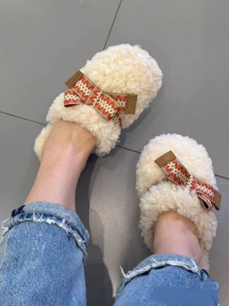 Sangpo Winter-Schaffell-Hausschuhe mit integriertem Teddy-Haarteil, lockigem Kopftuch, dicker, warmer Schleife und flauschigen Hausschuhen für Damen_voghion.com