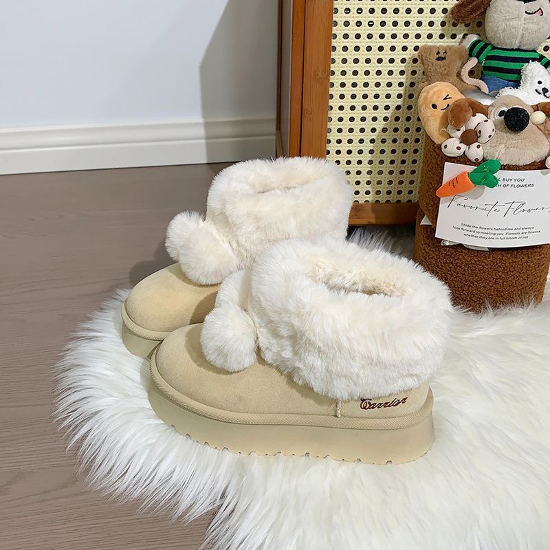 回力加绒可爱毛球雪地靴女鞋2025冬季新款防寒保暖面包鞋短筒棉鞋