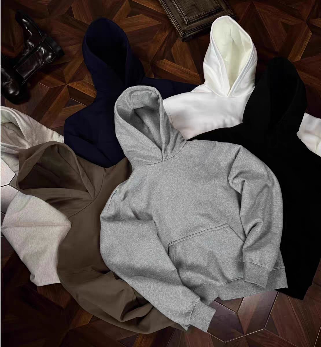 500g Cleanfit White Flower Gray Hooded Sweatshirt For Men Spring And Autumn Youthful American Style Pullover Jacket_viptrois.com