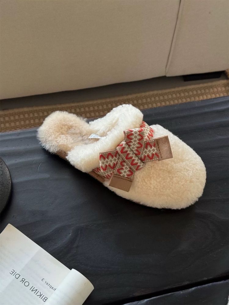 Sangpo Winter-Schaffell-Hausschuhe mit integriertem Teddy-Haarteil, lockigem Kopftuch, dicker, warmer Schleife und flauschigen Hausschuhen für Damen_voghion.com