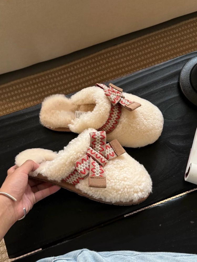 Sangpo Winter-Schaffell-Hausschuhe mit integriertem Teddy-Haarteil, lockigem Kopftuch, dicker, warmer Schleife und flauschigen Hausschuhen für Damen_voghion.com