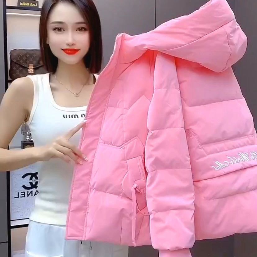 简约通勤2025冬季露肩字母刺绣羽绒棉纯色百搭宽松加厚外套