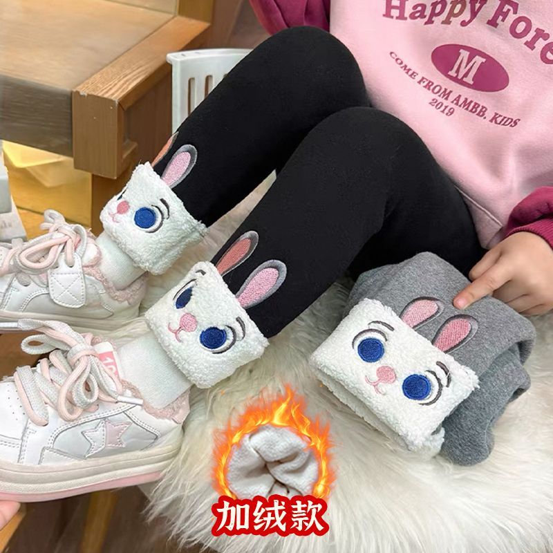 儿童秋冬加绒打底裤宽松女童翻边兔子警官学生休闲加厚一体绒长裤