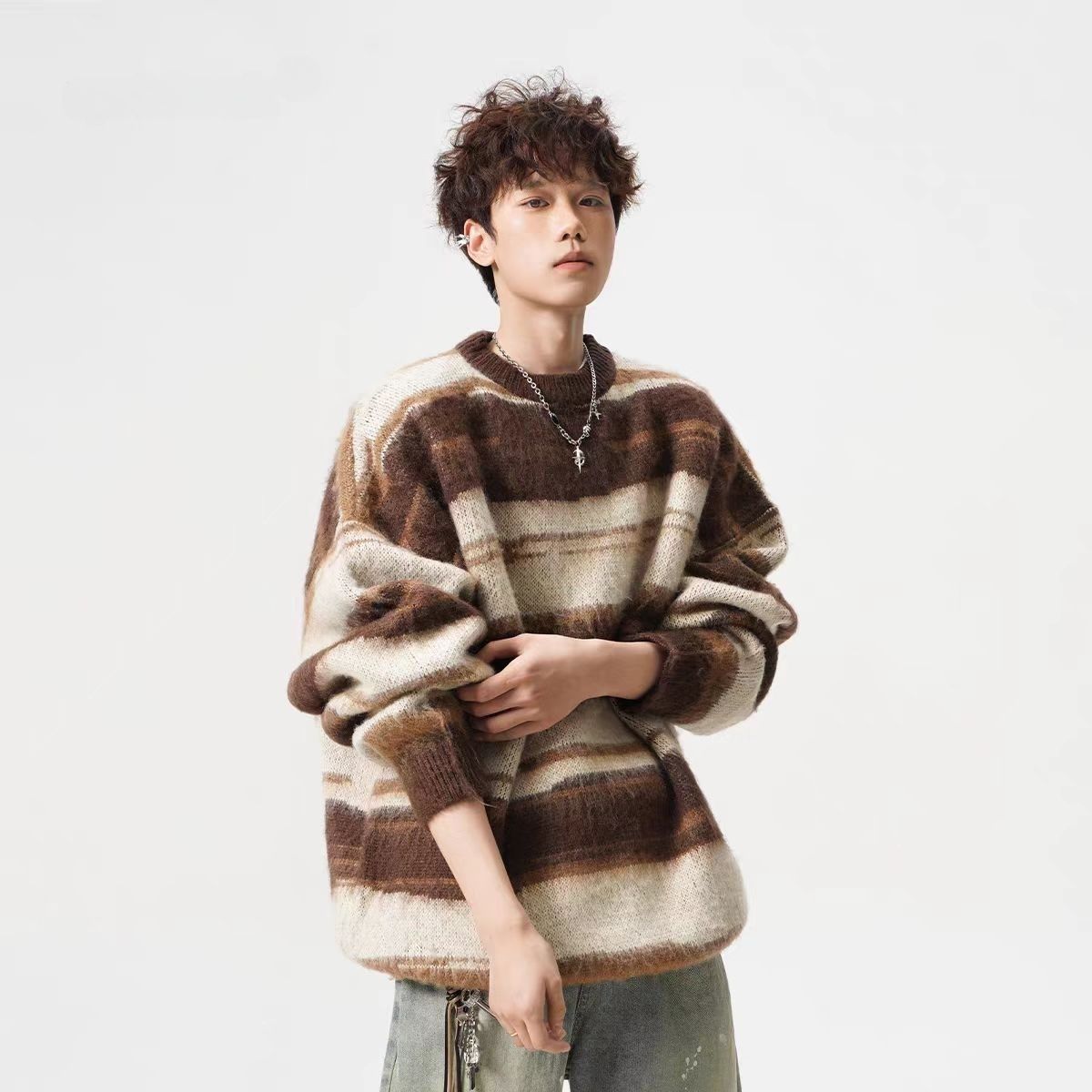 JASONWOOD Mohair-Pullover mit Rundhalsausschnitt für Herren, lässige Herbst- und Winter-Strickware mit Farbblockstreifen, locker geschnittenes Hemd_voghion.com