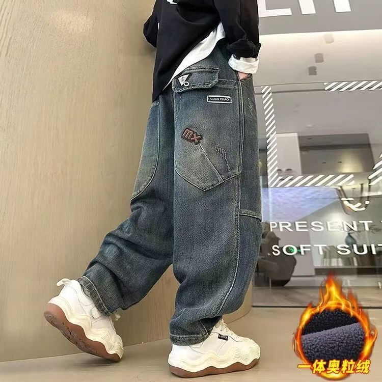 男童牛仔裤一体加绒冬裤帅气百搭大口袋男童裤子中大童春秋韩版潮
