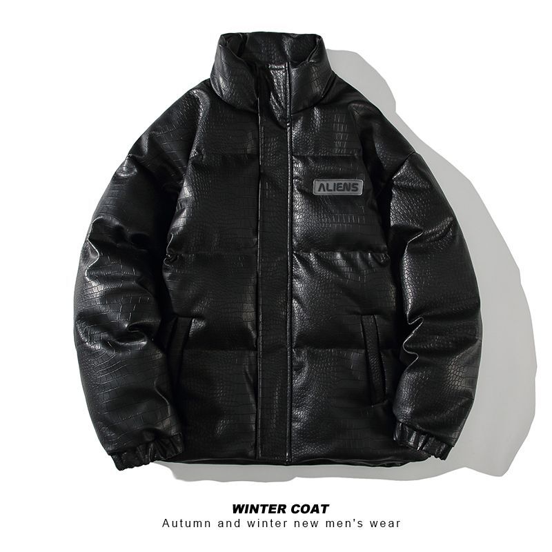 潮牌加厚宽松棉衣青少年复古皮夹克PU仿鳄鱼气绒冬季潮流潮服