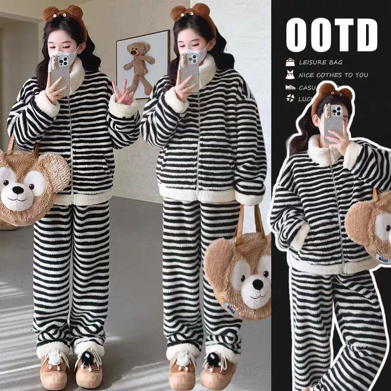 2025冬季居家外套服装保暖黑白条纹两件套睡衣女秋冬