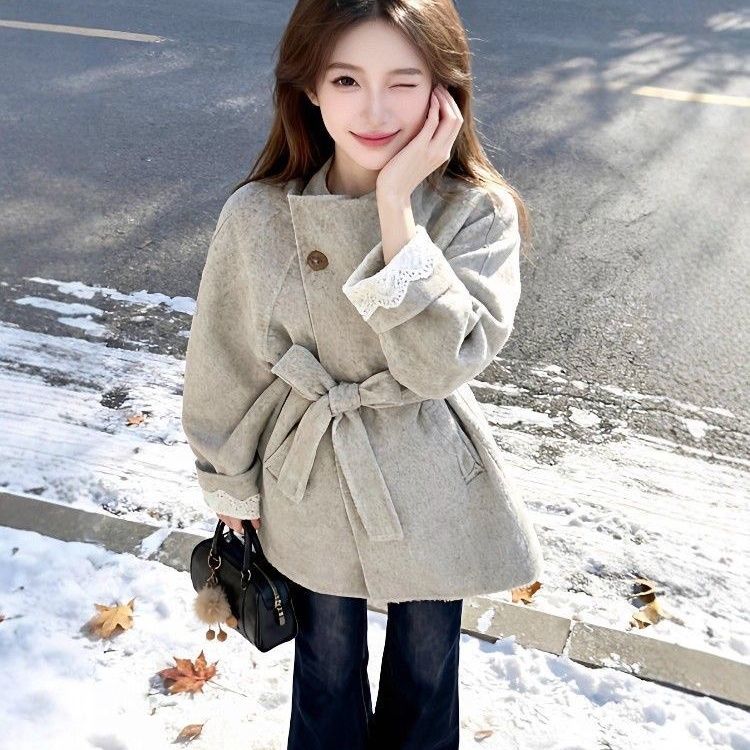 2025灰色秋冬韩系花边高级毛呢外套秋冬季新款显瘦收腰小个子大衣