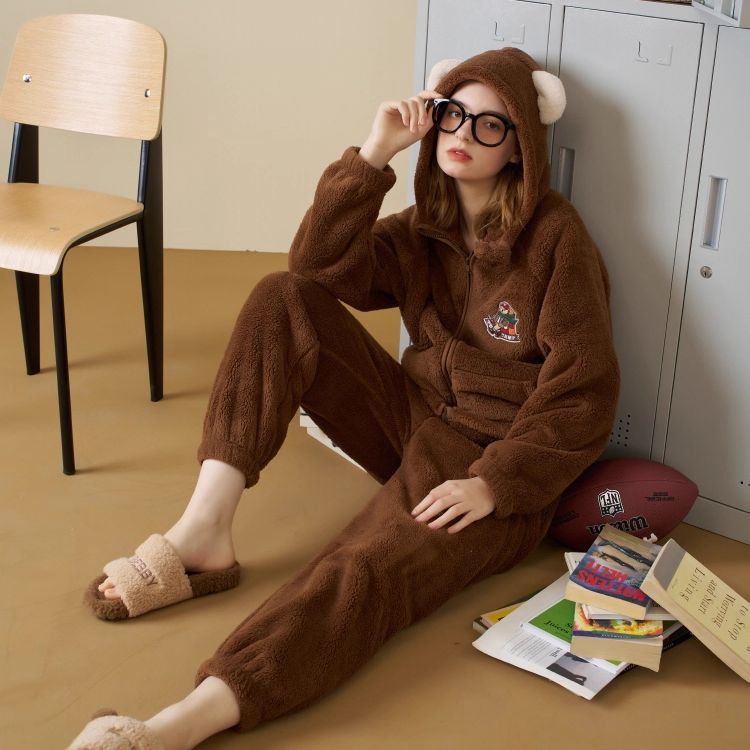 TeenieWeenie小熊秋冬睡衣女士加绒加带帽厚家居服双层北极绒套装