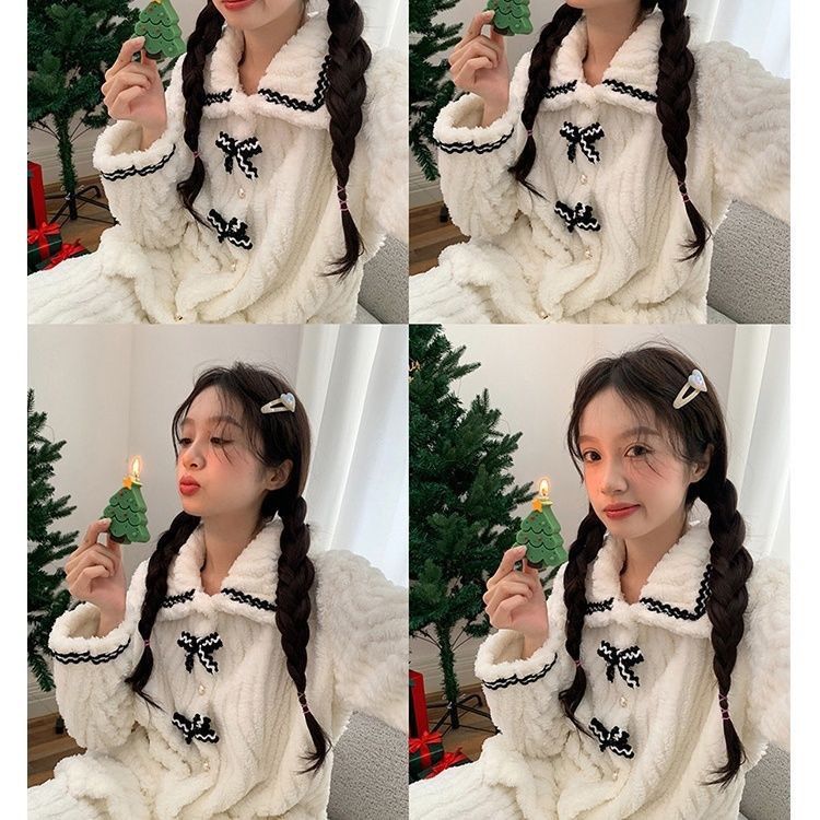白雪公主!冬日蝴蝶结睡衣套装保暖加绒宽松简约加厚珊瑚家居服【5天内发货】