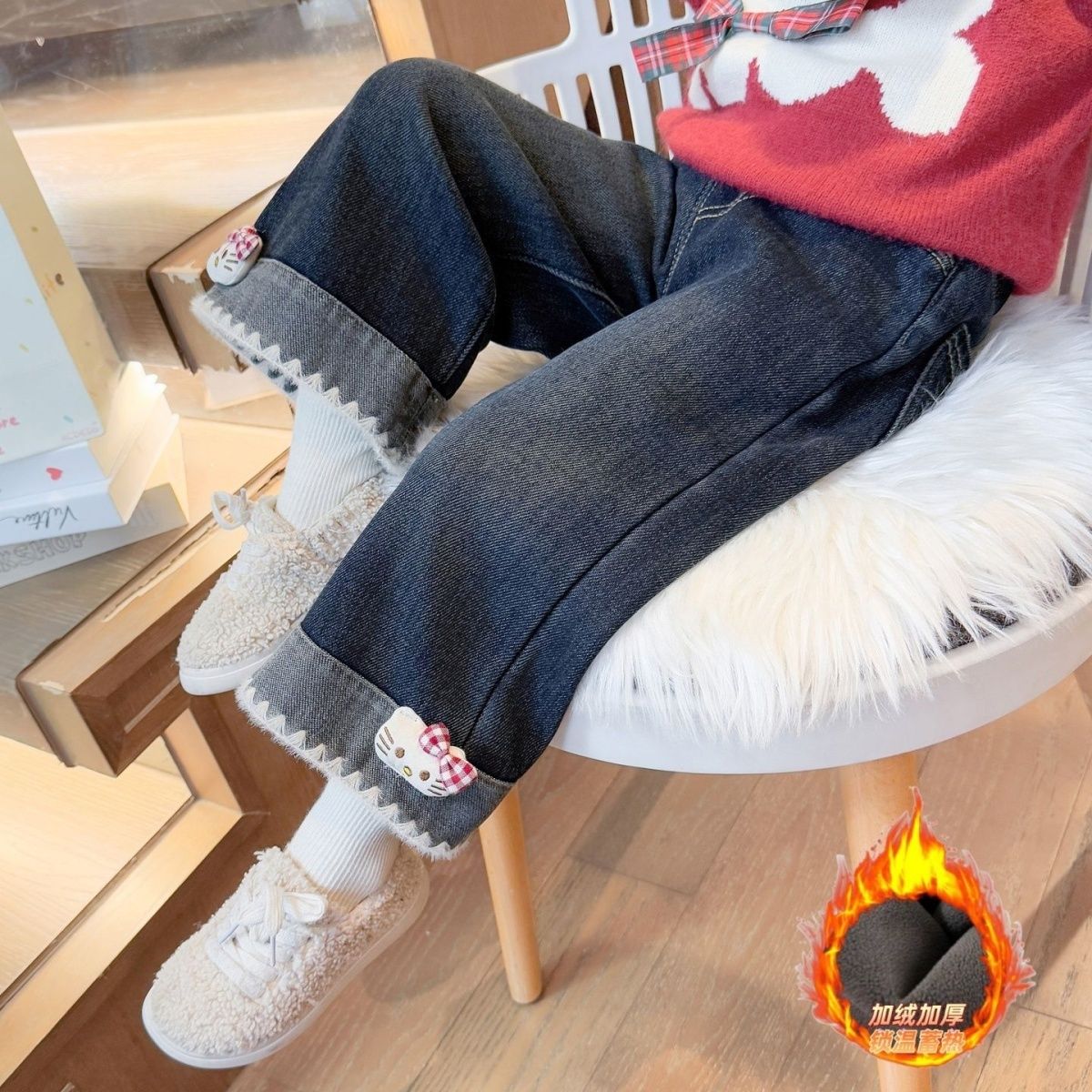 女童加绒裤秋冬加厚一体绒阔腿裤儿童牛仔裤女宝宝休闲宽松直筒裤