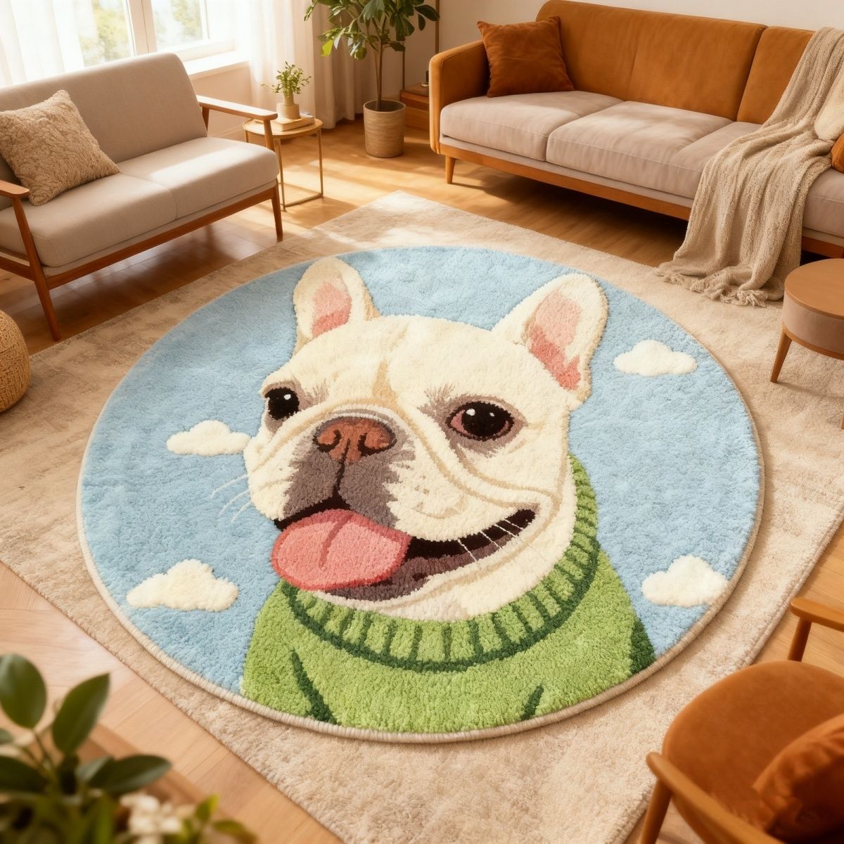 圆形法斗地毯卡通宠物地毯地垫床边狗狗周边轻奢水洗可爱定制保暖