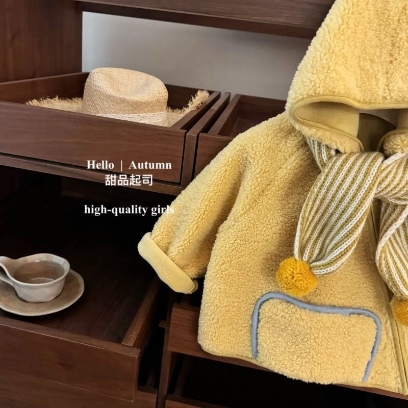 Children's Yellow Lamb Fleece Elf Hat Jacket Warm Winter Coat_voghion.com