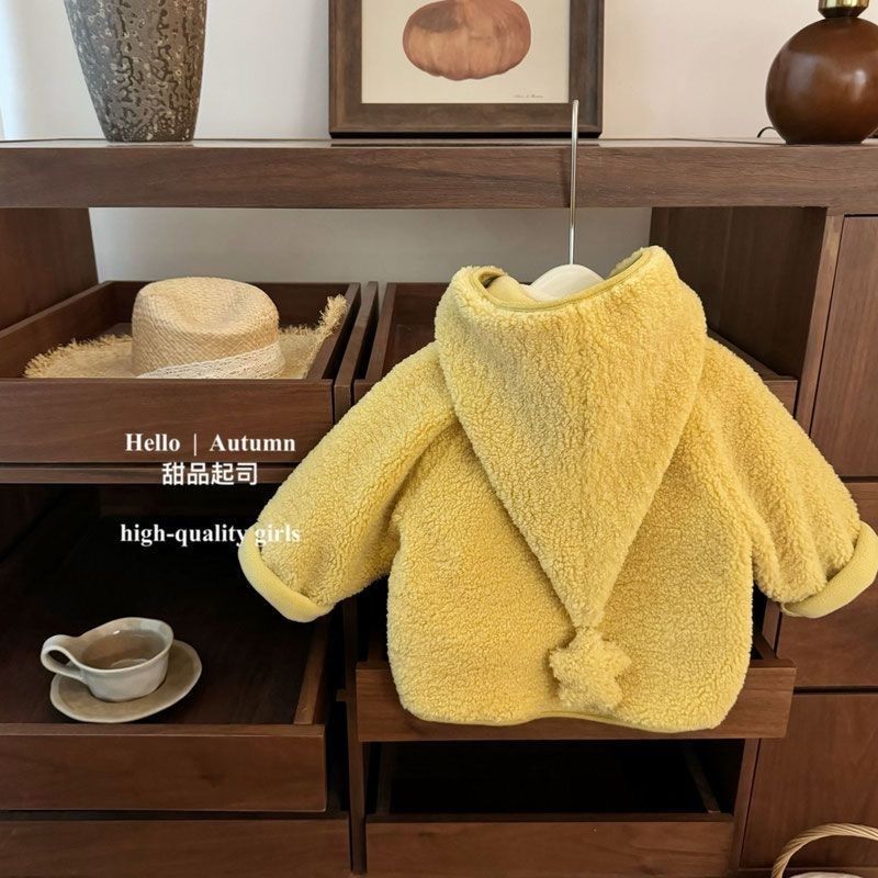 Children's Yellow Lamb Fleece Elf Hat Jacket Warm Winter Coat_voghion.com
