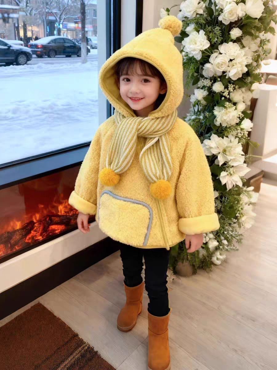 Children's Yellow Lamb Fleece Elf Hat Jacket Warm Winter Coat_voghion.com