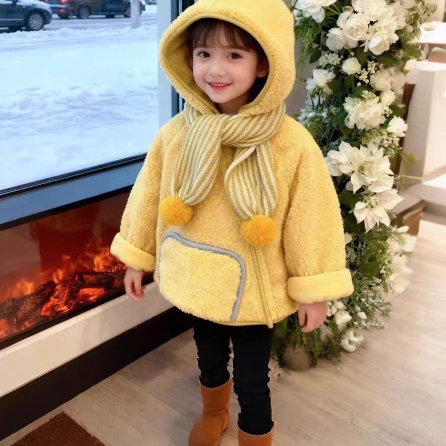 Korean-Style Girls' 2025 Winter New Yellow Lamb Fleece Star Elf Hat Zip-Up Jacket Children's Warm Coat_voghion.com