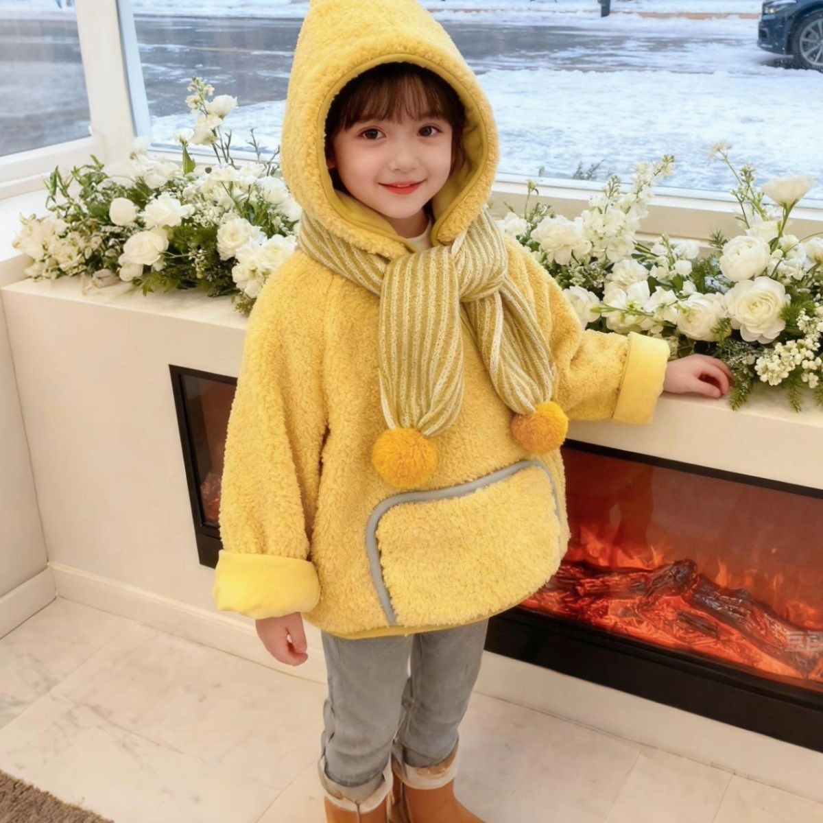 Korean-Style Girls' 2025 Winter New Yellow Lamb Fleece Star Elf Hat Zip-Up Jacket Children's Warm Coat_voghion.com