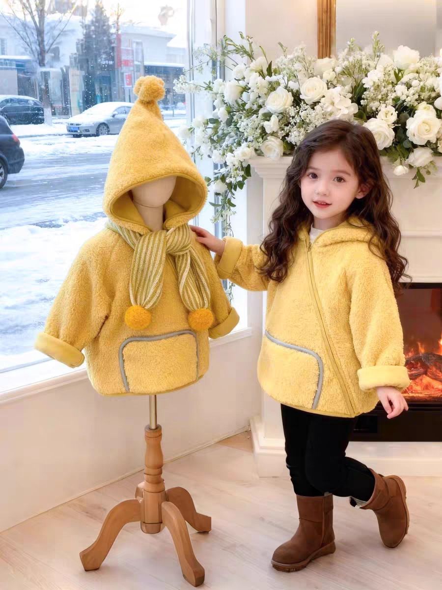 Children's Yellow Lamb Fleece Elf Hat Jacket Warm Winter Coat_voghion.com