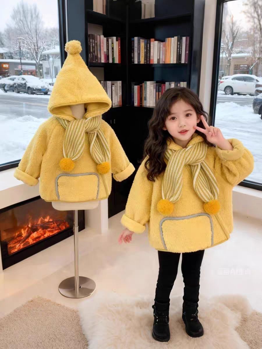 Children's Yellow Lamb Fleece Elf Hat Jacket Warm Winter Coat_voghion.com