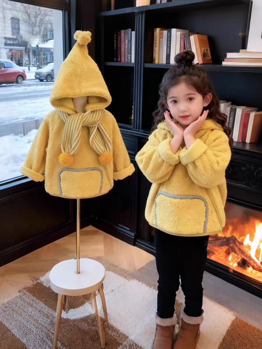 Children's Yellow Lamb Fleece Elf Hat Jacket Warm Winter Coat_voghion.com