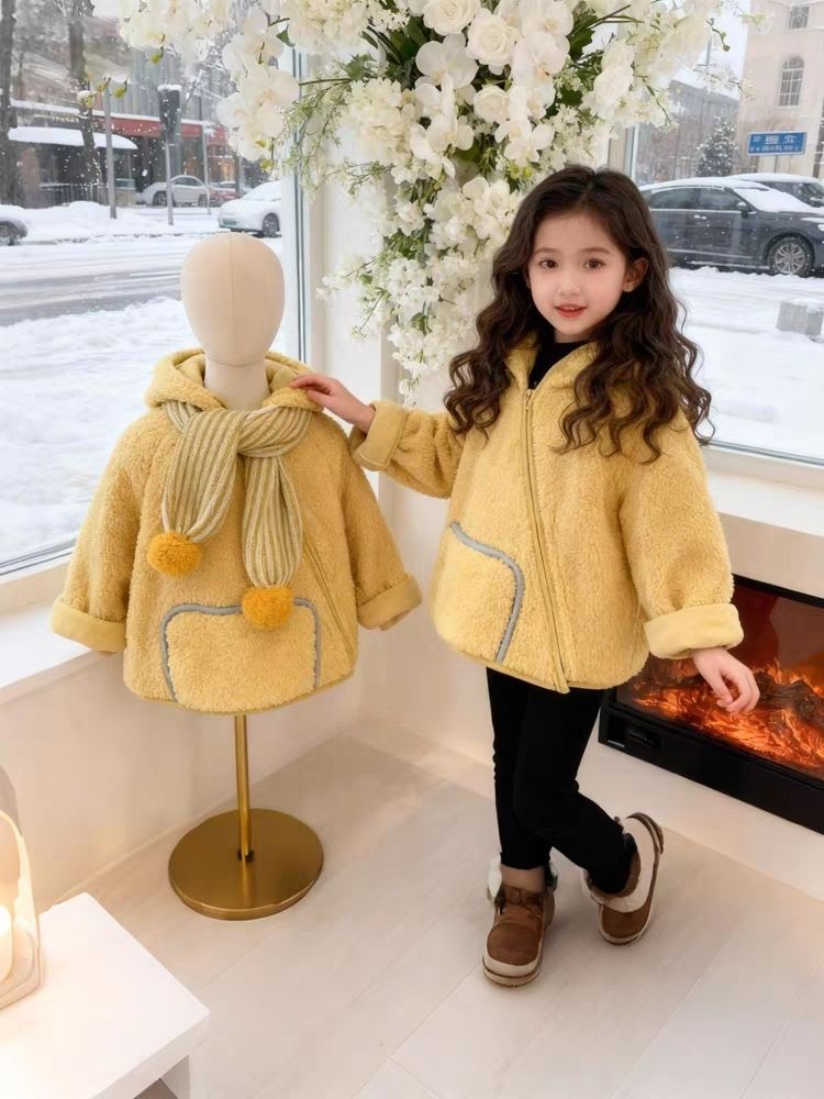 Children's Yellow Lamb Fleece Elf Hat Jacket Warm Winter Coat_voghion.com